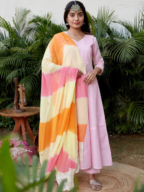 

NANGALIA RUCHIRA Women Pink Pure Cotton Kurta with Trousers & Dupatta