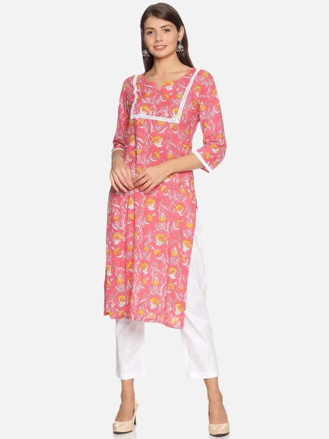 

NANGALIA RUCHIRA Women Peach-Coloured Floral Printed Pure Cotton Kurta with Trousers