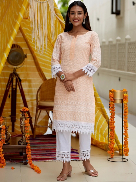 

NANGALIA RUCHIRA Women Peach-Coloured Ethnic Motifs Embroidered Chikankari Pure Cotton Kurta with Trousers