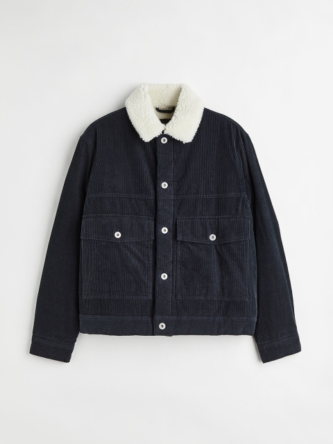 

H&M Men Navy Blue Borg-lined Corduroy Jacket