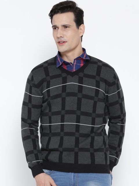

John Players Men Grey Melange & Black Checked Sweater