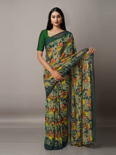

Unnati Silks Green & Red Ethnic Motifs Block Print Saree
