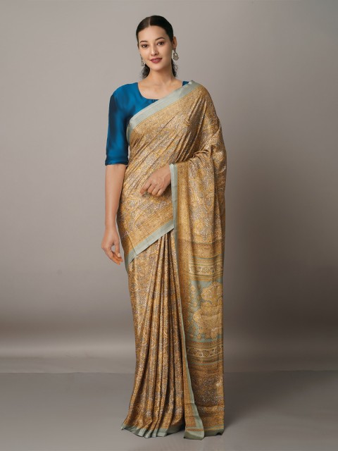 

Unnati Silks Cream-Coloured & Grey Ethnic Motifs Block Print Saree