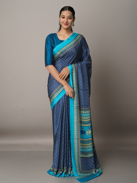 

Unnati Silks Navy Blue & White Ethnic Motifs Block Print Saree