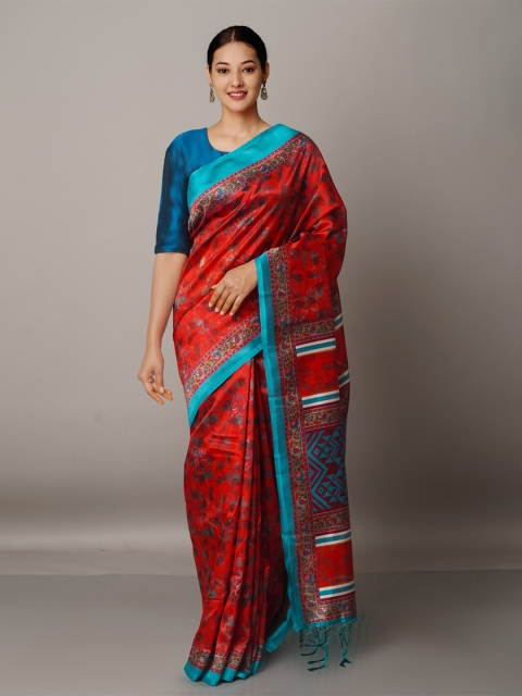 

Unnati Silks Red & Turquoise Blue Ethnic Motifs Art Silk Block Print Saree