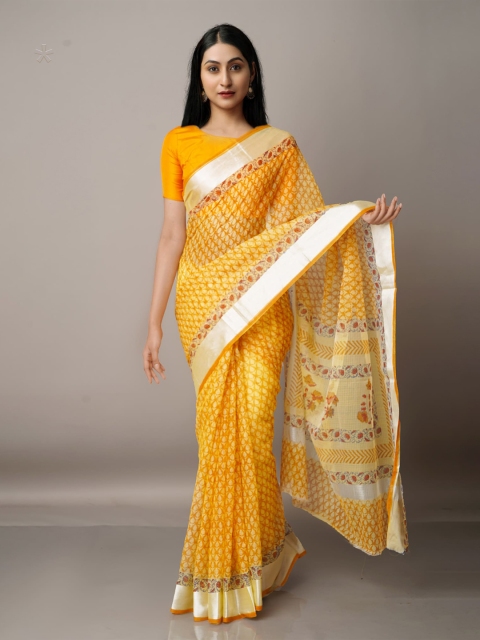 

Unnati Silks Ethnic Motifs Zari Pure Cotton Kota Saree, Orange