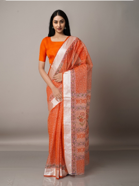 

Unnati Silks Orange & Green Ethnic Motifs Zari Pure Cotton Kota Saree