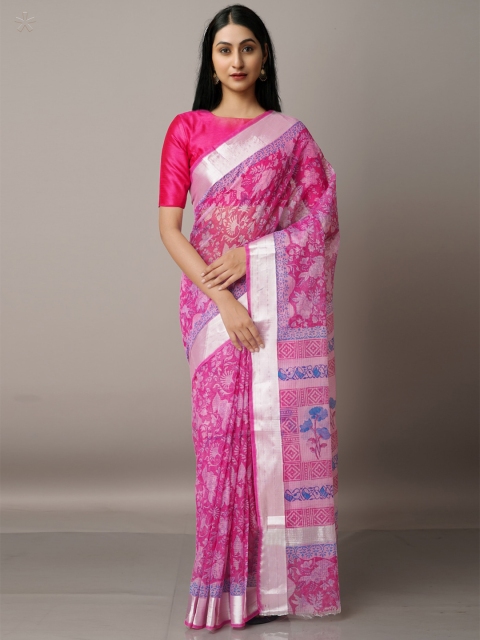 

Unnati Silks Pink & Blue Floral Zari Pure Cotton Kota Saree