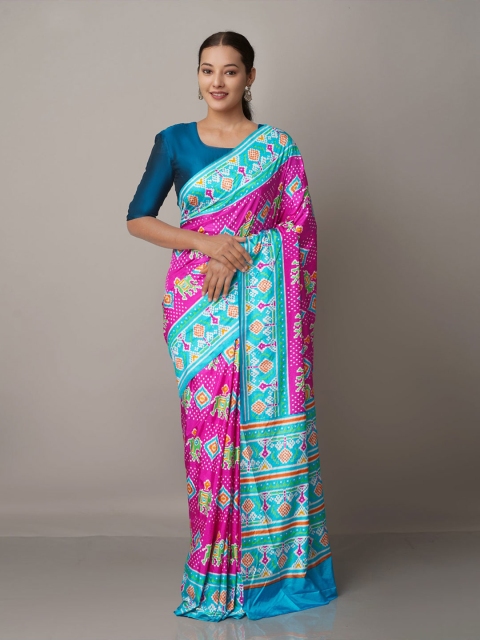 

Unnati Silks Pink & Blue Ethnic Motifs Silk Cotton Ikat Saree