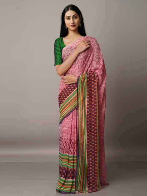 

Unnati Silks Floral Block Print Saree, Pink