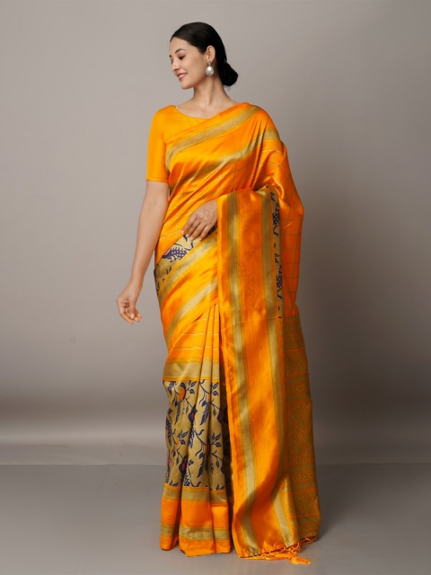 

Unnati Silks Ethnic Motifs Art Silk Block Print Saree, Orange