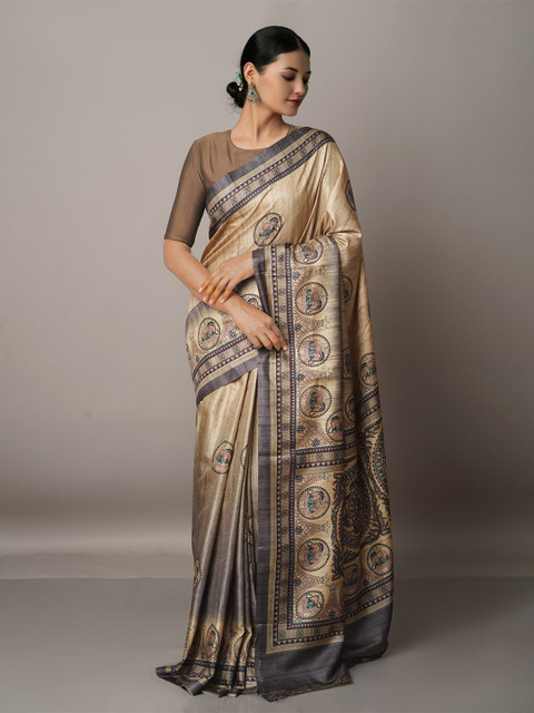 

Unnati Silks Ethnic Motifs Block Print Saree, Cream
