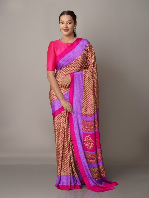 

Unnati Silks Ethnic Motifs Block Print Saree, Pink