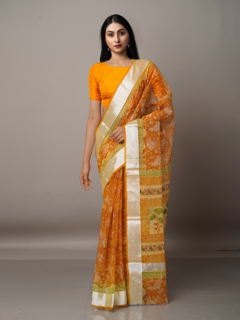 

Unnati Silks Ethnic Motifs Zari Pure Cotton Kota Saree, Orange