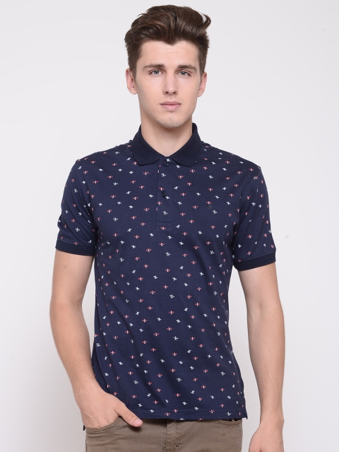 John Players Men Navy Printed Polo Collar T-shirt, Navy blue