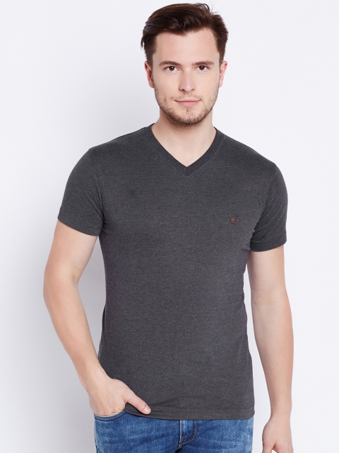 

John Players Men Charcoal Grey Solid V-Neck T-shirt