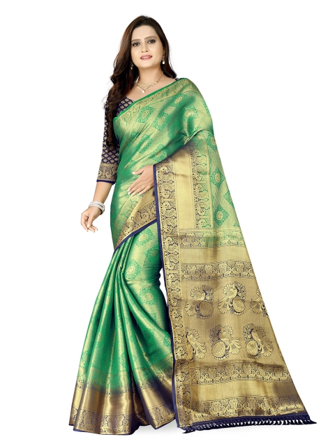 

PRASTHAN Green & Blue Ethnic Motifs Zari Pure Silk Banarasi Saree