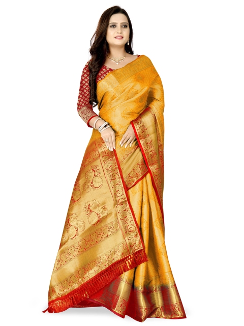 

PRASTHAN Gold-Toned & Red Ethnic Motifs Zari Pure Silk Banarasi Saree
