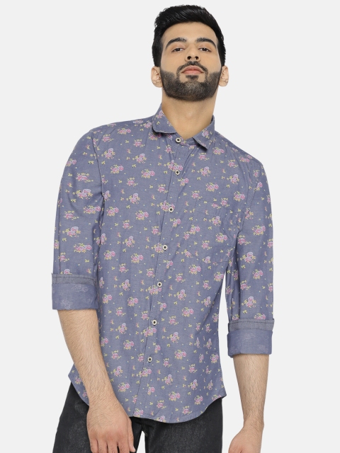 

John Players Men Blue Trim Fit Floral Print Chambray Casual Shirt