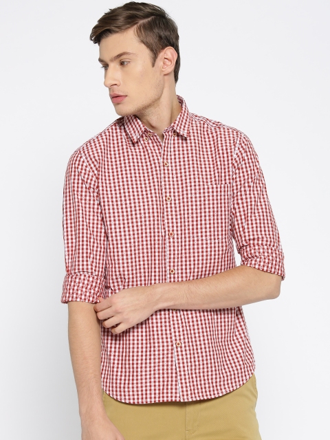 

John Players Men Rust Red & White Trim Fit Checked Casual Shirt