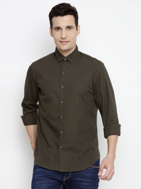 

John Players Men Olive Green Trim Fit Printed Casual Shirt