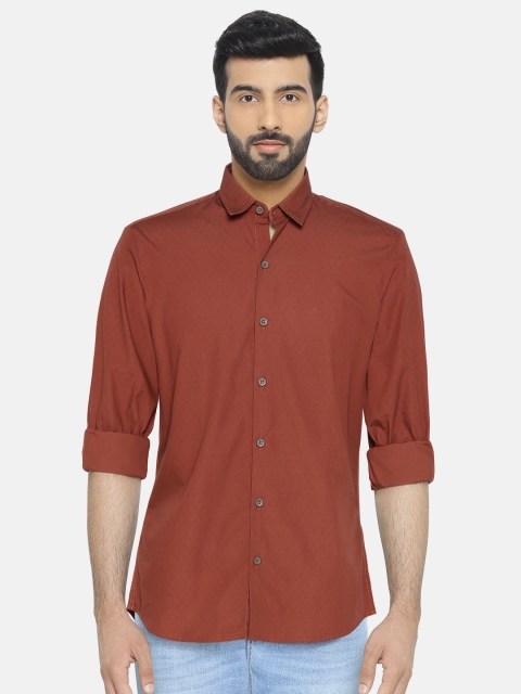 

John Players Men Rust Brown Trim Fit Printed Casual Shirt