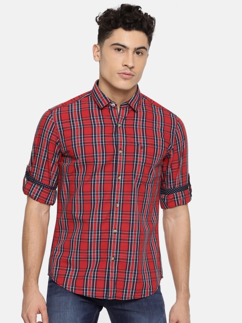 

John Players Men Red & Navy Blue Trim Fit Checked Casual Shirt