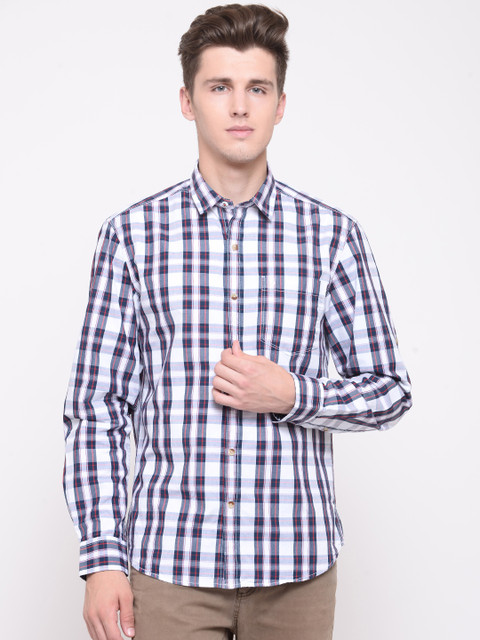 

John Players Men White & Navy Trim Fit Checked Casual Shirt