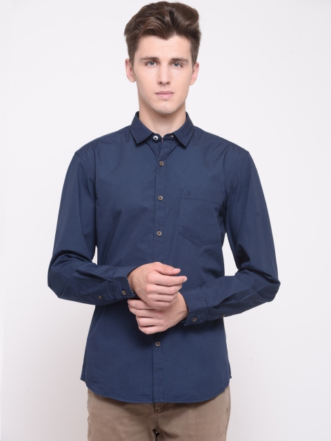 John Players Men Navy Blue Trim Fit Solid Casual Shirt