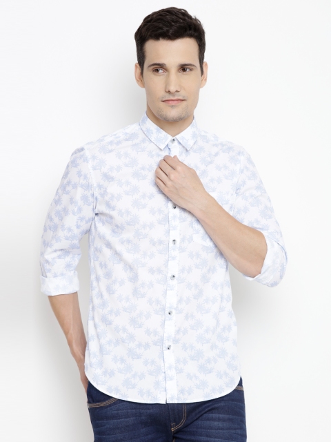 

John Players Men White & Blue Trim Fit Printed Casual Shirt