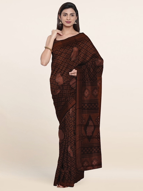 

Pothys Ethnic Motifs Print Saree With Unstitched Blouse, Brown