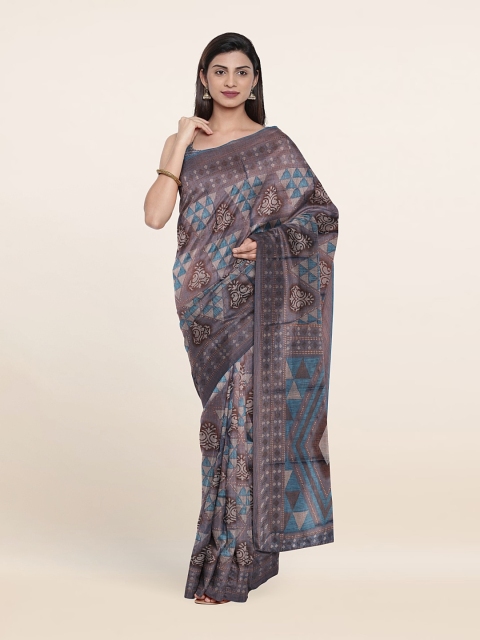 

Pothys Geometric Print Saree With Unstitched Blouse, Teal