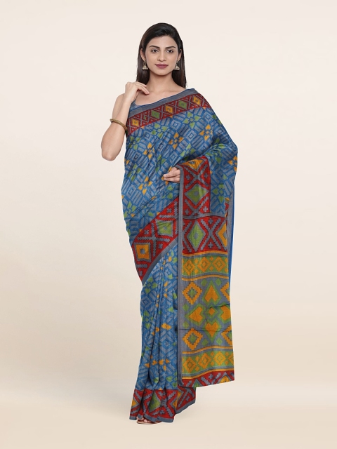 

Pothys Geometric Print Saree With Unstitched Blouse, Blue