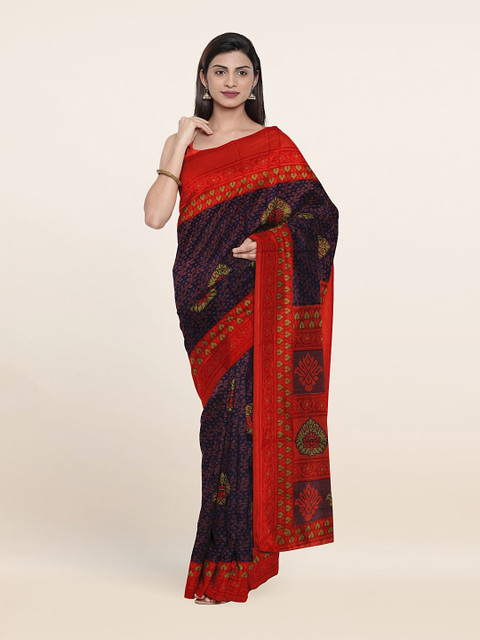

Pothys Floral Print Saree With Unstitched Blouse, Navy blue