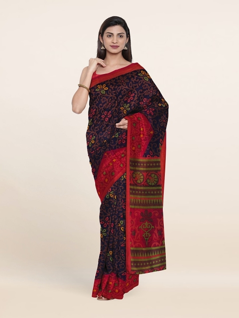 

Pothys Floral Print Saree With Unstitched Blouse, Navy blue