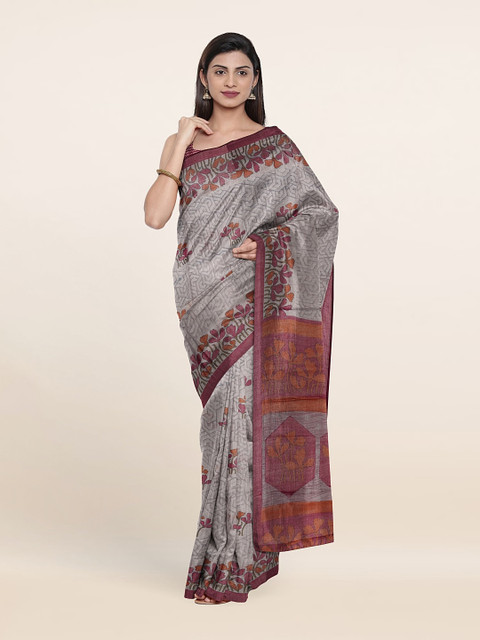

Pothys Grey & Pink Floral Saree
