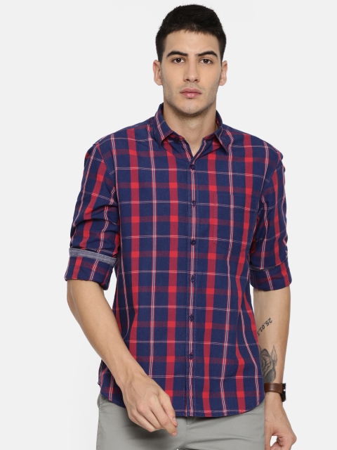 

John Players Men Navy Blue & Red Checked Trim Fit Casual Shirt
