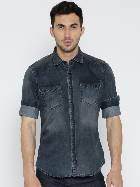 

John Players Men Blue Trim Fit Faded Casual Shirt