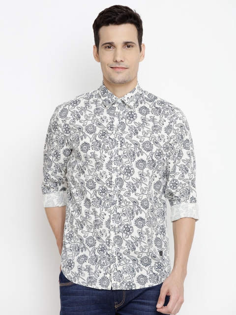 

John Players Men Off-White & Charcoal Grey Trim Fit Printed Casual Shirt, Cream