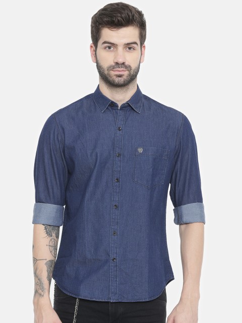 

John Players Men Blue Trim Fit Solid Denim Shirt