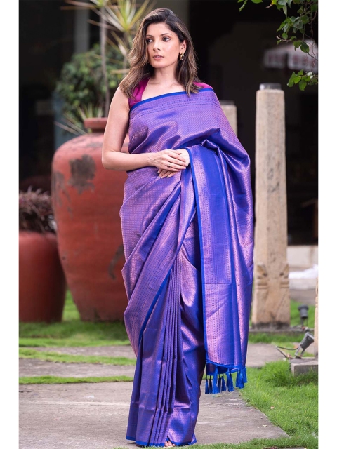 

KARAGIRI Blue & Copper-Toned Woven Design Zari Banarasi Saree