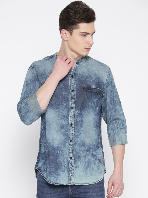

John Players Men Blue Trim Fit Faded Chambray Shirt