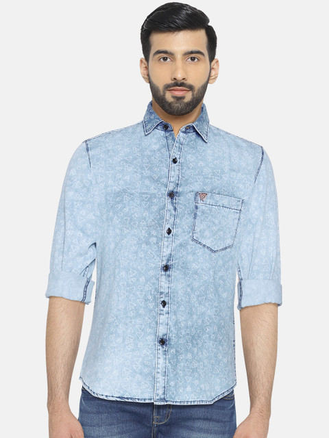 

John Players Men Blue Trim Fit Printed Denim Shirt