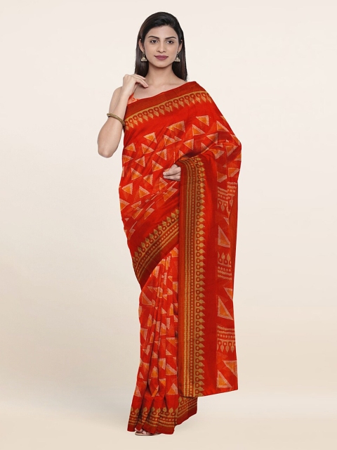 

Pothys Geometric Print Saree With Unstitched Blouse, Orange