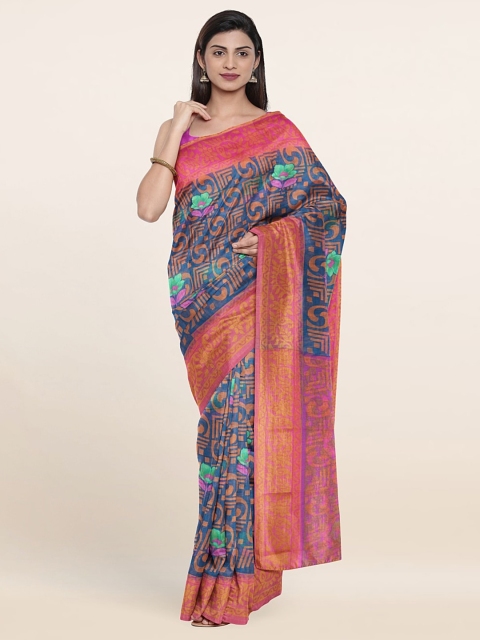 

Pothys Cotton Blend Floral Zari Saree, Blue