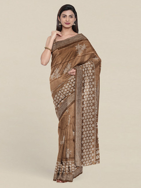 

Pothys Floral Print Striped Border Pure Cotton Saree, Brown