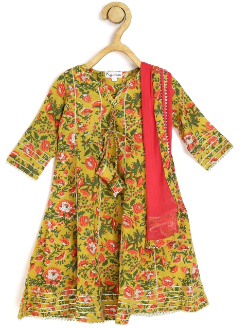 

Ka-mee Yellow Floral Tie-Up Neck Ethnic A-Line Dress