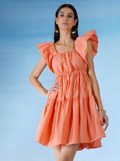 

blue hour Women Solid Square Neck Cotton Dress, Peach