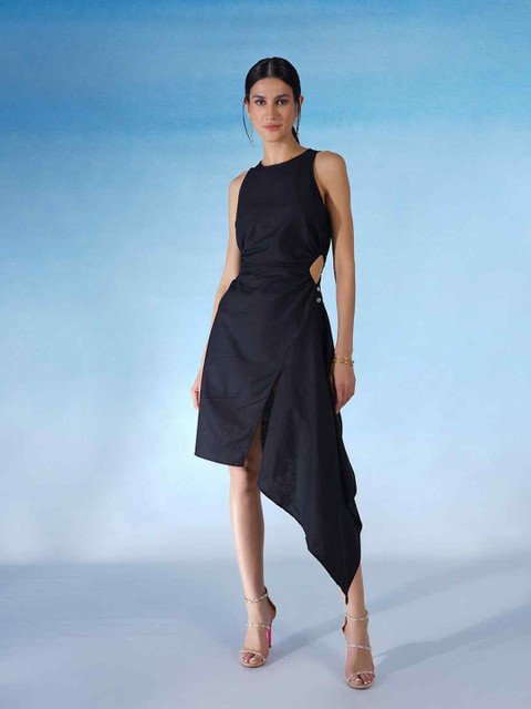 

blue hour Women Solid Cotton A-Line Dress, Black