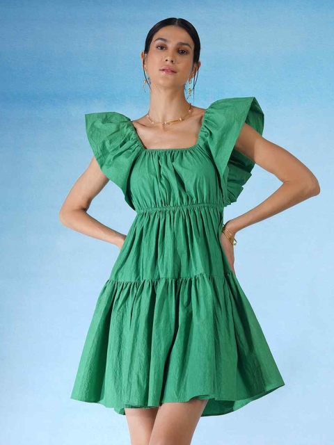 

blue hour Women Solid Cotton Dress, Green
